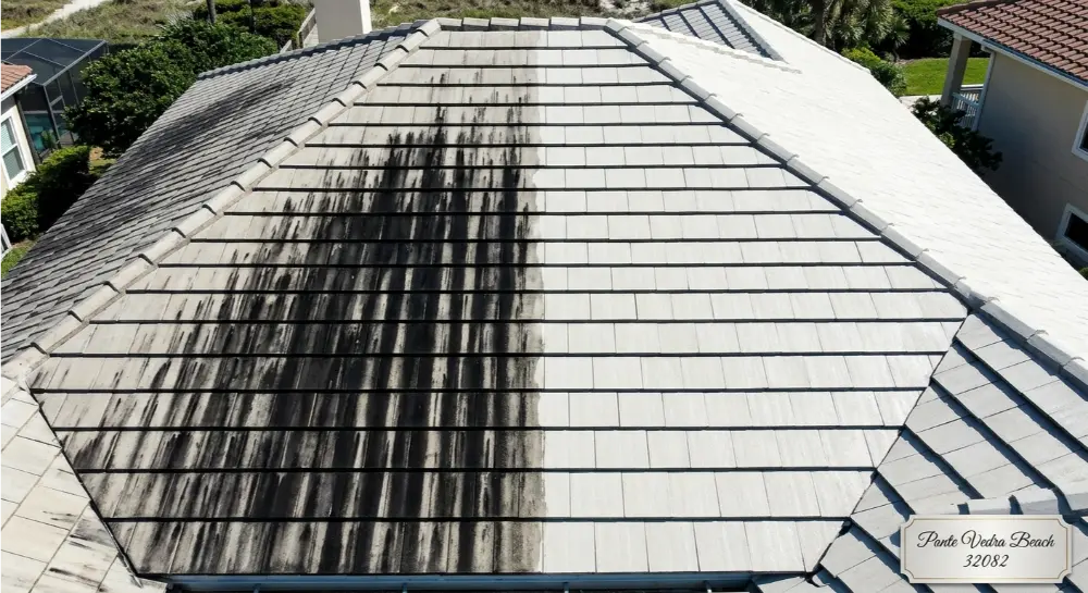Tile roof soft wash before after — Ponte Vedra Beach FL 32082 Gloeocapsa magma removed